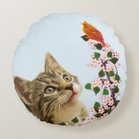 Niedliche Tabby Katze, Blume & Birdy on Light Blue