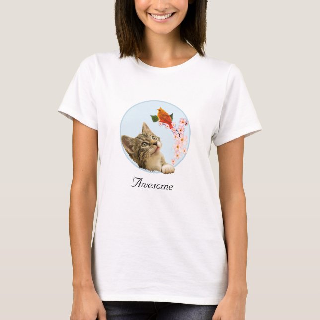 Niedliche Tabby-Katze, Blume und Roter Little-Voge T-Shirt (Vorderseite)