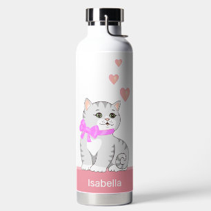 Niedliche Tabby Katze & Herz auf Rosa & Weiß Trinkflasche