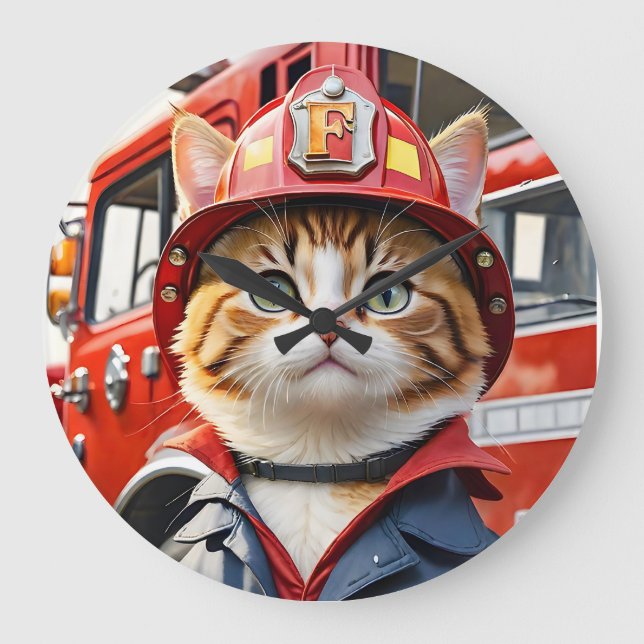 Niedliche Tabby-Katze im Firefighter Uniform Water Große Wanduhr (Vorderseite)