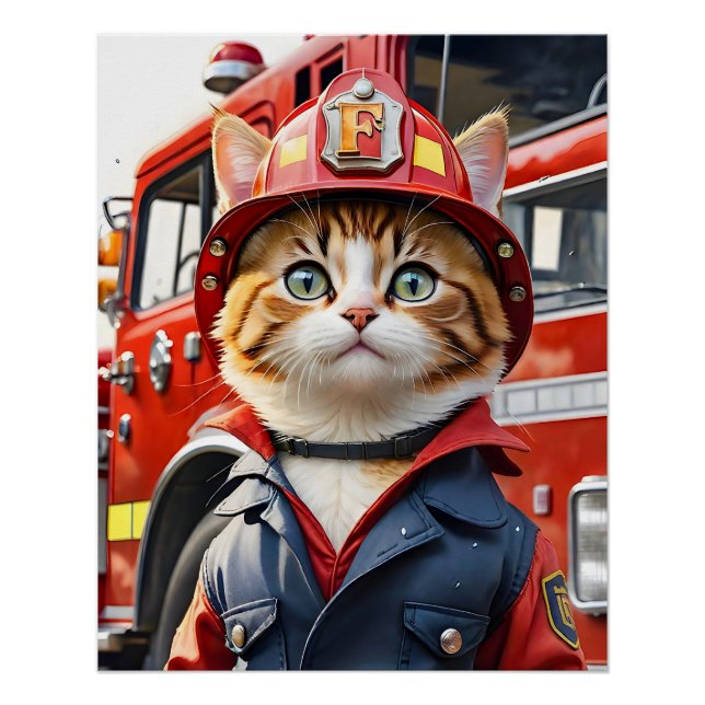 Niedliche Tabby-Katze im Firefighter Uniform Water Poster (Vorderseite)