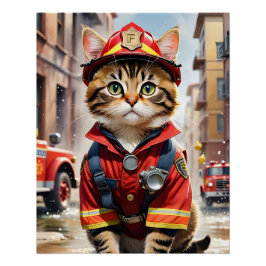 Niedliche Tabby-Katze im Firefighter Uniform Water Poster
