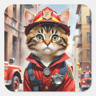 Niedliche Tabby-Katze im Firefighter Uniform Water Quadratischer Aufkleber