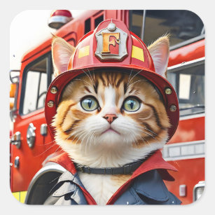 Niedliche Tabby-Katze im Firefighter Uniform Water Quadratischer Aufkleber