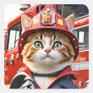 Niedliche Tabby-Katze im Firefighter Uniform Water Quadratischer Aufkleber