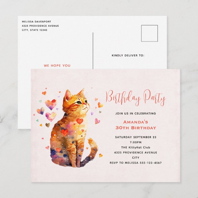 Niedliche Tabby Katze mit Herz Einladung zum Gebur Postkarte (Vorne/Hinten)