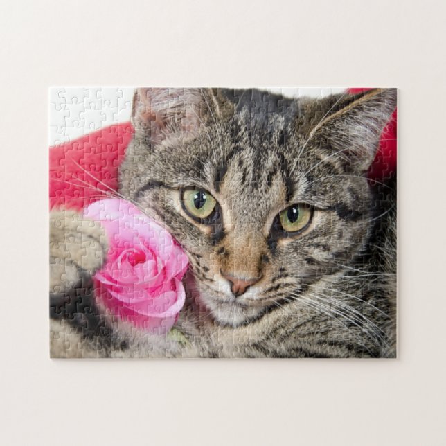 Niedliche Tabby-Katze mit Rose Puzzle (Horizontal)