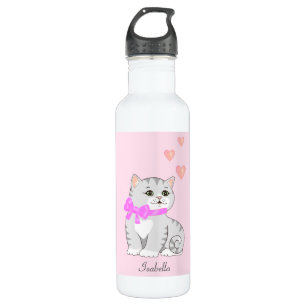 Niedliche Tabby Katze und Herz auf rosa Edelstahlflasche