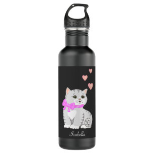 Niedliche Tabby Katze und Herz auf schwarz Edelstahlflasche