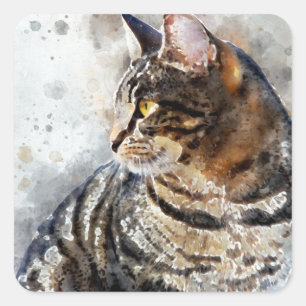 Niedliche Tabby-Katzewatercolor-Kunst Quadratischer Aufkleber