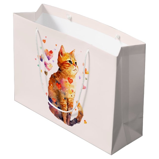Niedliche Tablettenkatze mit Herz Große Geschenktüte (Rückseite Schrägansicht)