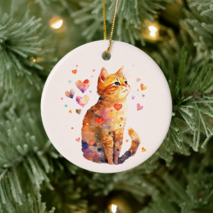 Niedliche Tablettenkatze mit Herz Keramik Ornament