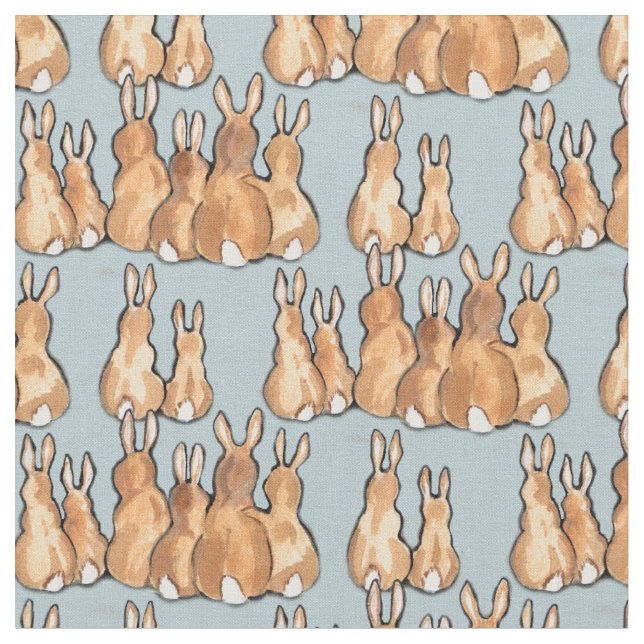 Niedliche Tan Bunny Rabbits auf blauem Hintergrund Stoff (Nahaufnahme)
