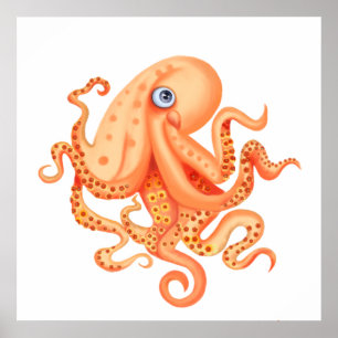 Niedliche Tangerine-Oktopus-Blumen auf Tentakeln Poster