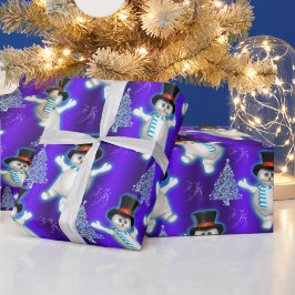 Niedliche Tanzschneemänner zu Blauen Weihnachten Geschenkpapier
