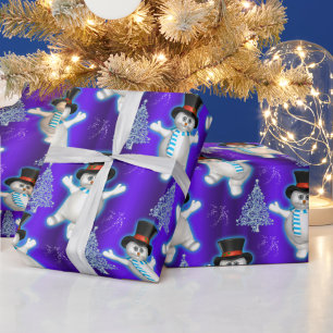 Niedliche Tanzschneemänner zu Blauen Weihnachten Geschenkpapier