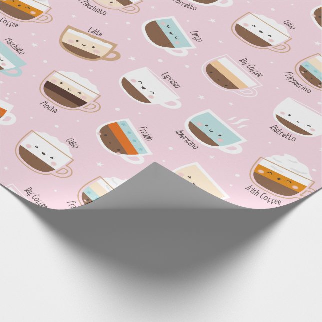 Niedliche Tassen Kaffee auf hellrosa Geschenkpapier (Ecke)