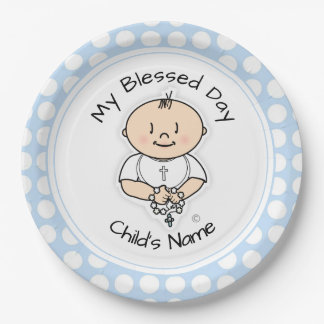 Niedliche Taufe 9" Plate - Baby Boy mit Rosary Pappteller