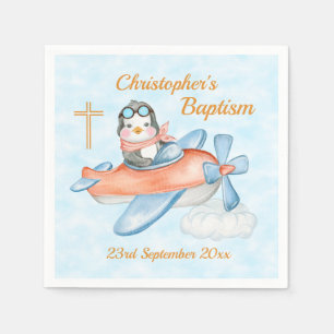 Niedliche Taufe Watercolor Baby Penguin Flugzeug Serviette