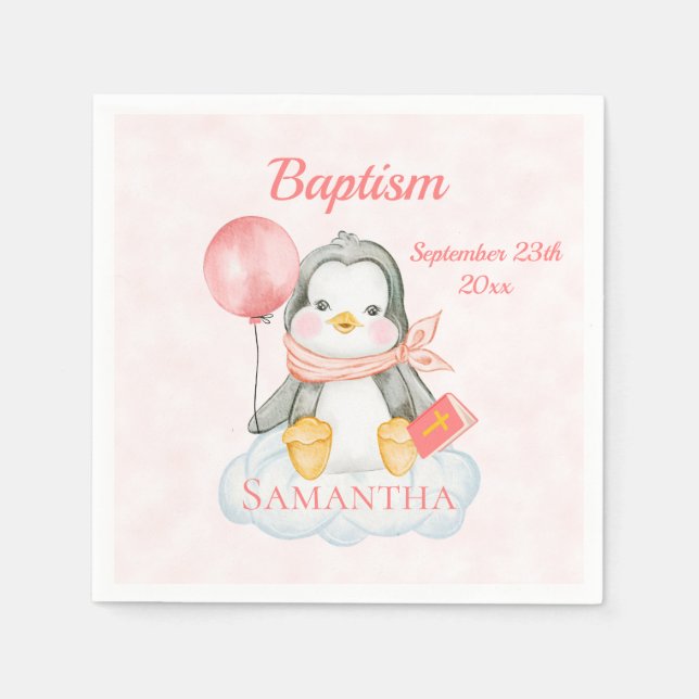 Niedliche Taufe Watercolor Baby Pinguin Pink Paper Serviette (Vorderseite)