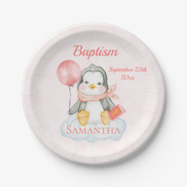 Niedliche Taufe Watercolor Baby Pinguin Pink Pappteller