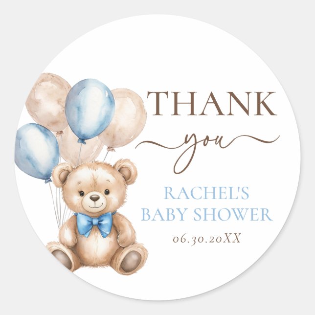 Niedliche Teddy Bar Balloons | Blue Boy Baby Dusch Runder Aufkleber (Vorderseite)