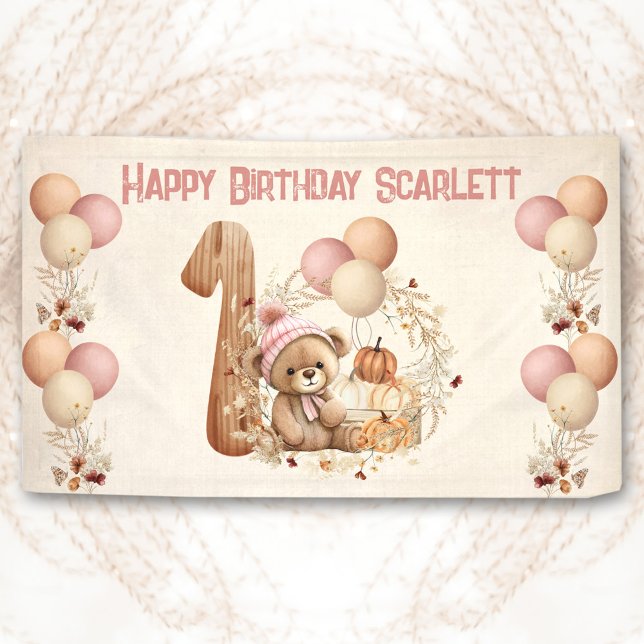 Niedliche Teddy Bar Fall Girl Pink Beary 1. Geburt Banner (Cute Teddy Bear Fall Girl Pink Beary 1st Birthday Banner)