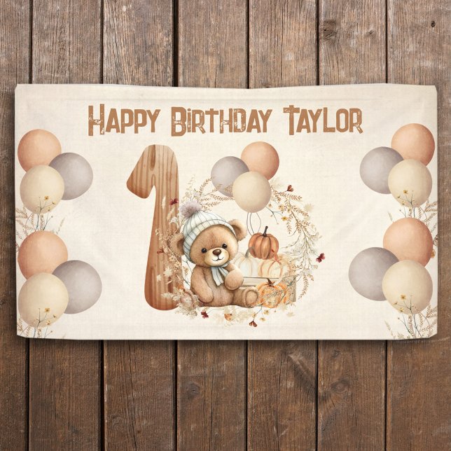 Niedliche Teddy Bar Fall Pumpkins Bear 1. Geburtst Banner (Fall 1st Birthday banner with a cute teddy bear)