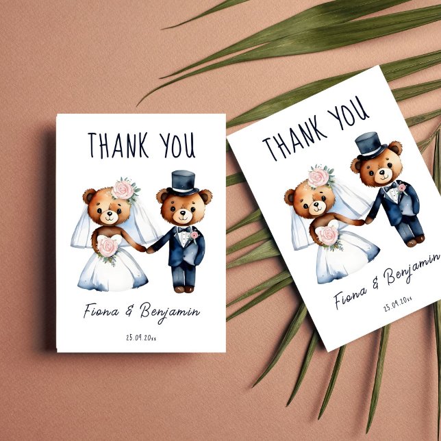 Niedliche Teddy Bären Brautpaare Hochzeit danke (Cute whimsical funny teddy bears dressed as bride and groom wedding thank you card template)