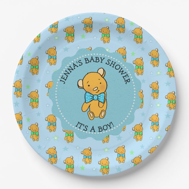 Niedliche Teddy Bear Boy's Baby Dusche Pappteller (Vorderseite)