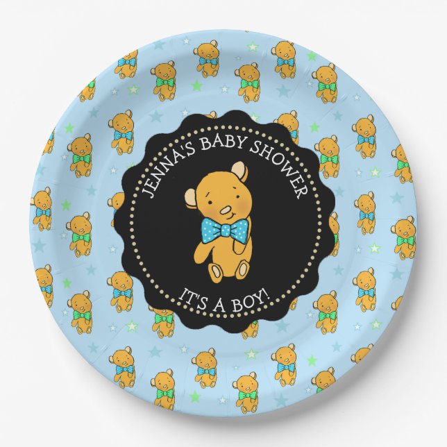 Niedliche Teddy Bear Boy's Baby Dusche Pappteller (Vorderseite)