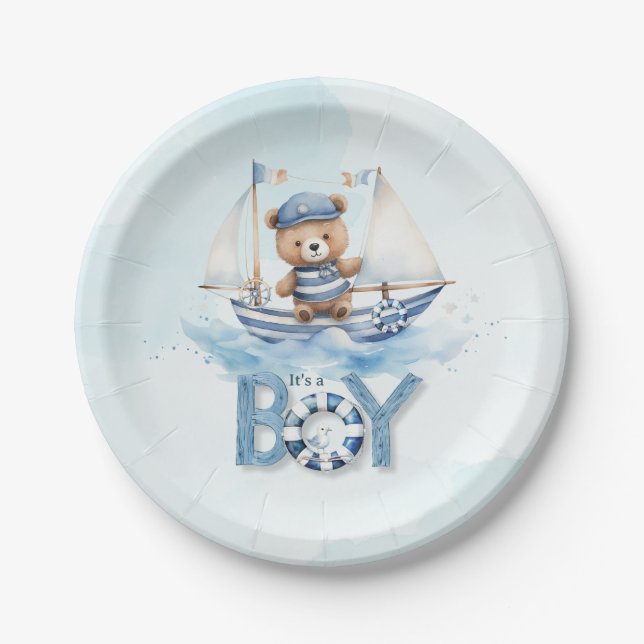 Niedliche Teddy Bear Nautical Boat Boy Babydusche Pappteller (Vorderseite)