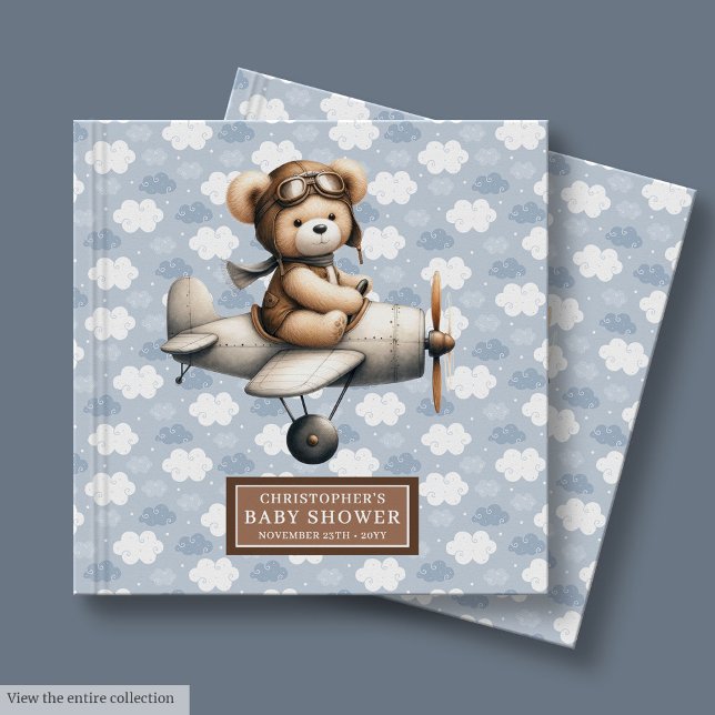 Niedliche Teddy Bear Pilot Gästebuch Babydusche De (Cute Teddy Bear Pilot Guest Book Baby Shower Decor)