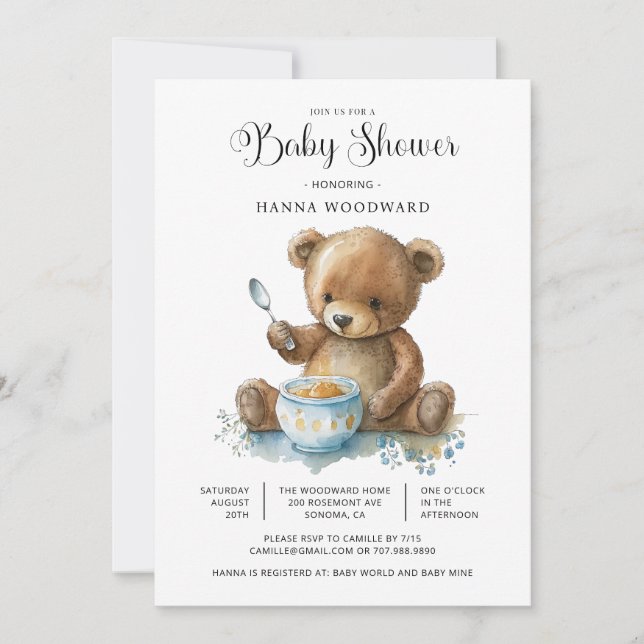 Niedliche Teddy Bear Porridge Kinderdusche Einladung (Vorderseite)