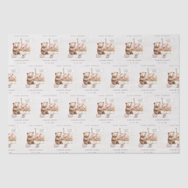 Niedliche Teddy Floral Cart Babydusche Seidenpapier (Vorderseite)