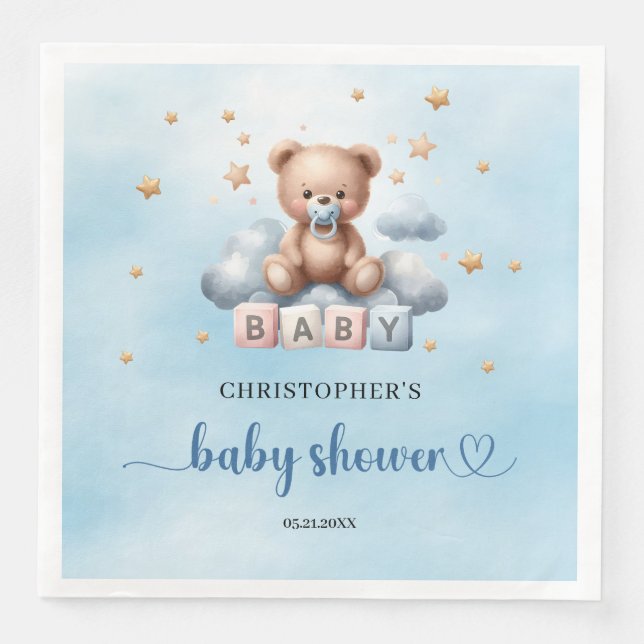 Niedliche Teddybär, blau und braun Babydusche Serviette (Vorderseite)