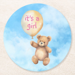 Niedliche Teddybär schwimmende Ballon Babydusche Runder Pappuntersetzer