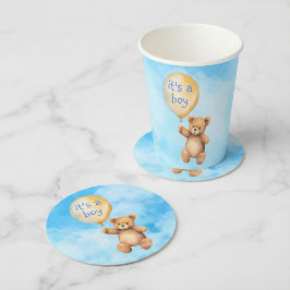 Niedliche Teddybär schwimmende Ballon Babydusche Runder Pappuntersetzer