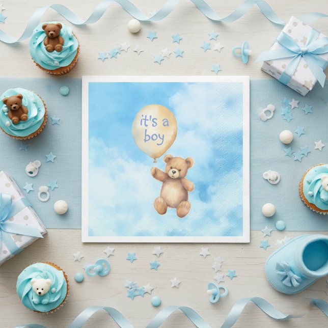 Niedliche Teddybär schwimmende Ballon Babydusche Serviette (Cute teddy bear floating balloon with message and fluffy clouds baby shower napkins.)