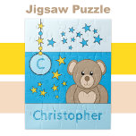 Niedliche Teddybären-Sterne heißen blau Puzzle<br><div class="desc">Puzzle für Kinder.
Mit einem niedlichen braunen Teddybär,  Sternen und Namen.
Blau und Gelb.
Geschenkidee für Kinder.</div>