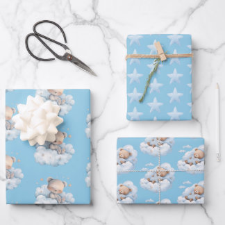 Niedliche Teddybären und Sterne Blau Geschenkpapier Set