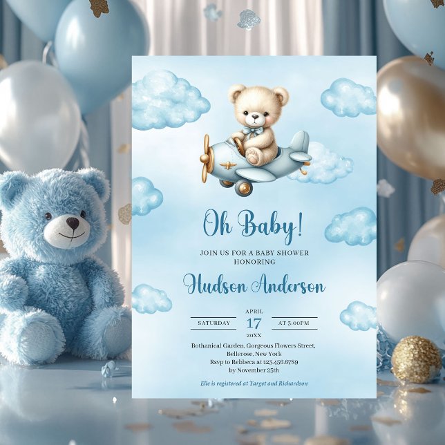 Niedliche Teddybärenavigatorendusche Einladung (cute teddy bear pilot in airplane boy baby shower invitation downloadable)