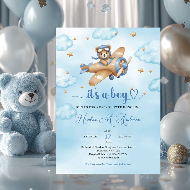 Niedliche Teddybärenjunge Babydusche Einladung (teddy bear pilot brown and blue boy baby shower invitation)