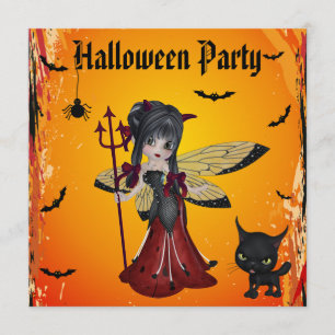 Niedliche Teufel-Mädchen-Blumen-Fee u. Katze Einladung