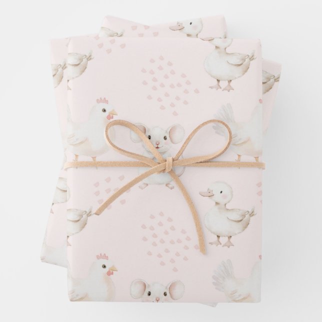 Niedliche Tiere auf rosa Geschenkpapier Set (Beispiel)