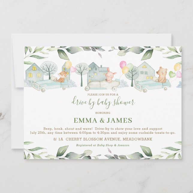 Niedliche Tiere Autos Grünantrieb mit Babydusche Einladung (Vorderseite)