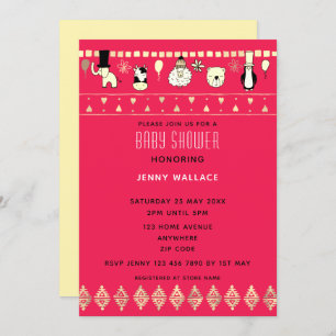 Niedliche Tiere Babydusche mit dunklem Cerise Hint Einladung