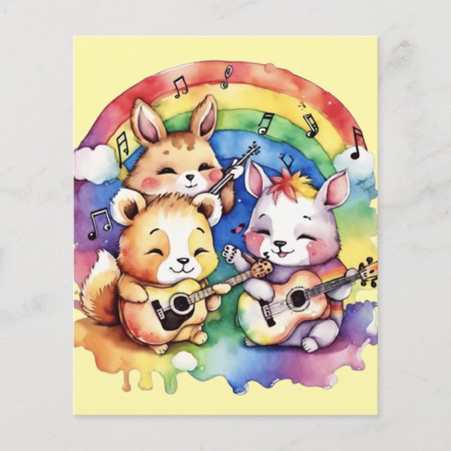 Niedliche Tiere, die im Regenbogen Musik spielen (Vorderseite)