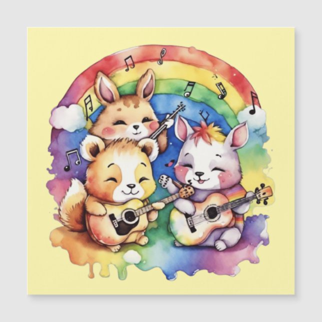 Niedliche Tiere, die im Regenbogen Musik spielen Magnetkarte (Vorderseite)