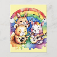 Niedliche Tiere, die im Regenbogen Musik spielen